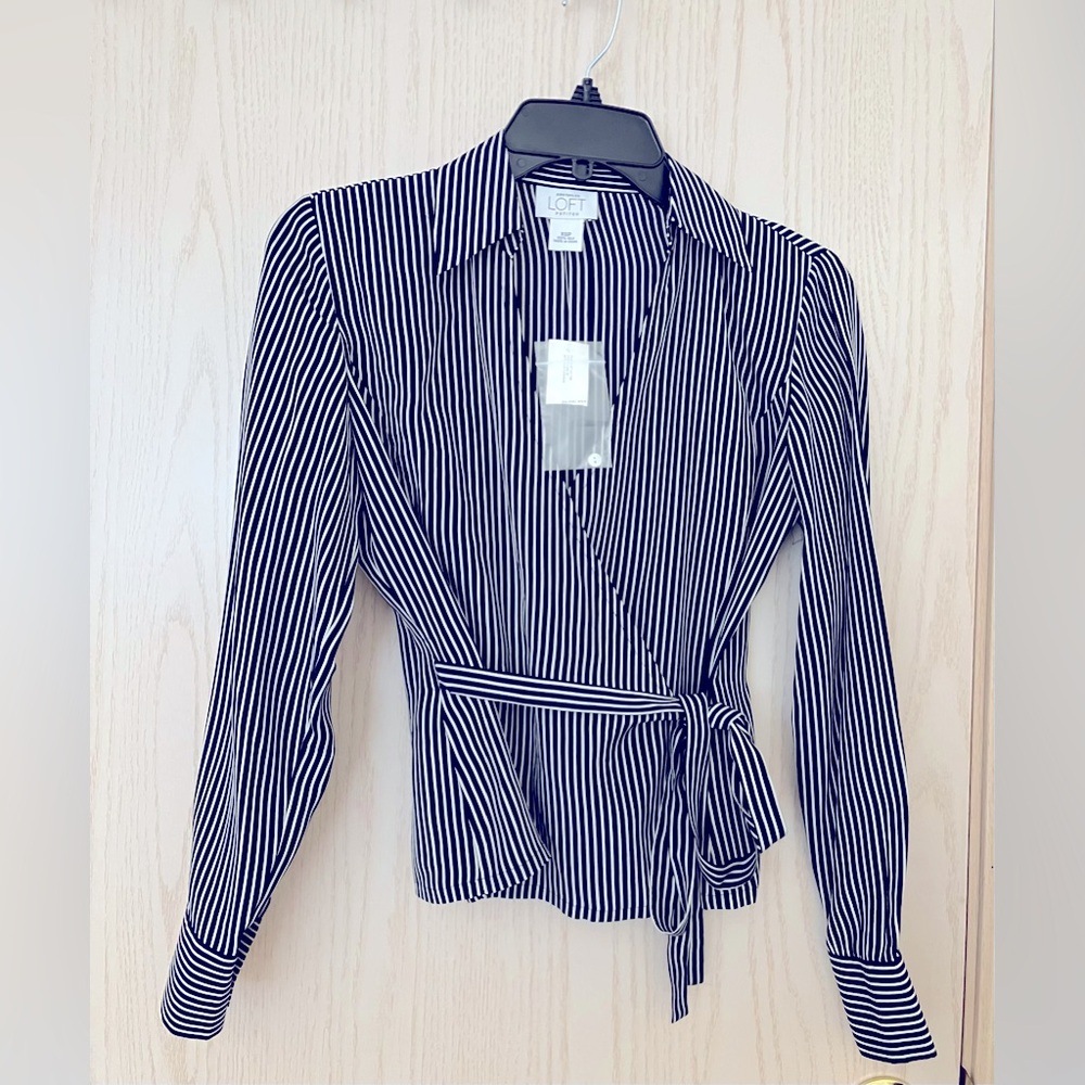 LOFT Navy and White Striped Blouse